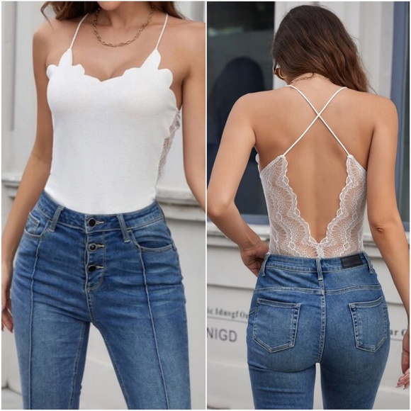 BellanBlue Tops - White scallop v neck lace low back cami bodysuit